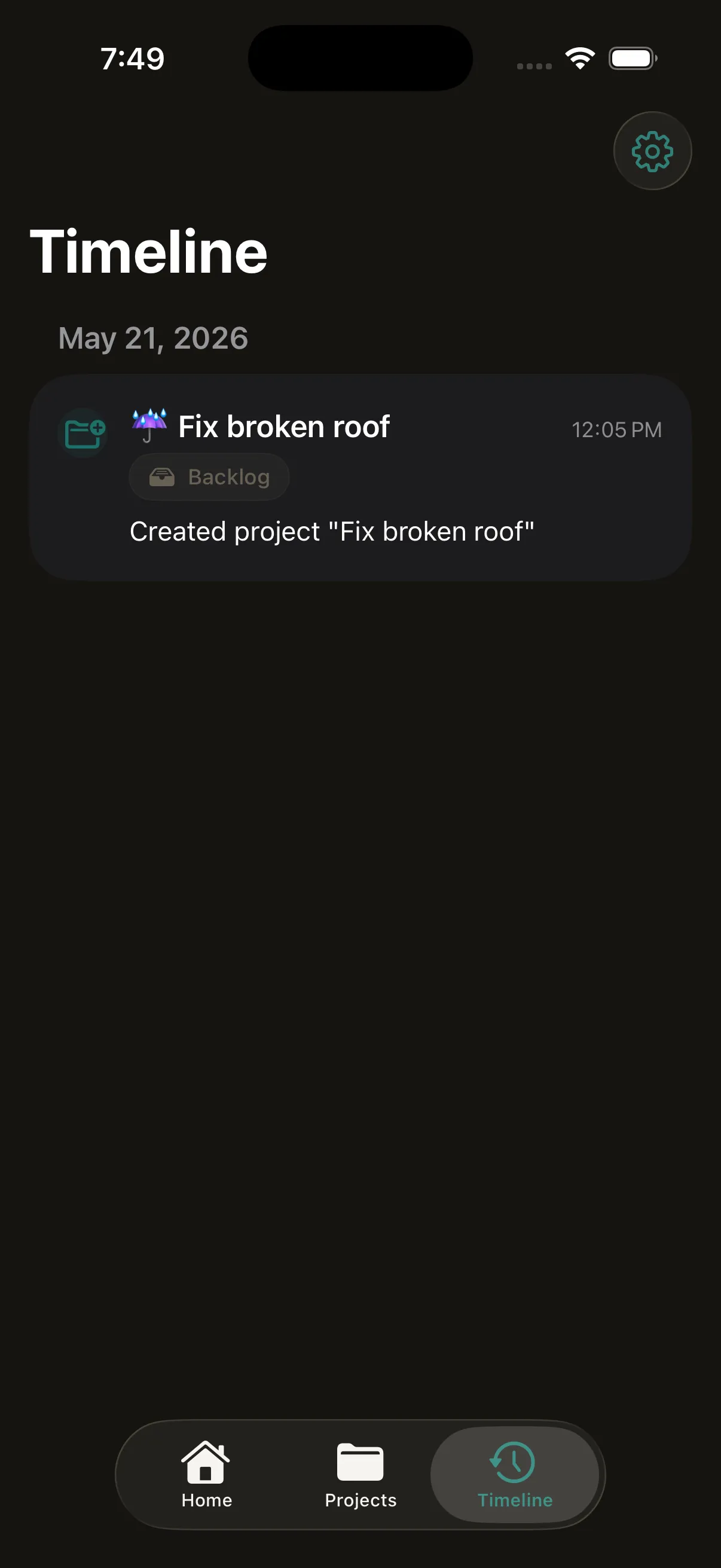 Project Keeper Timeline screen showing recent project activity.